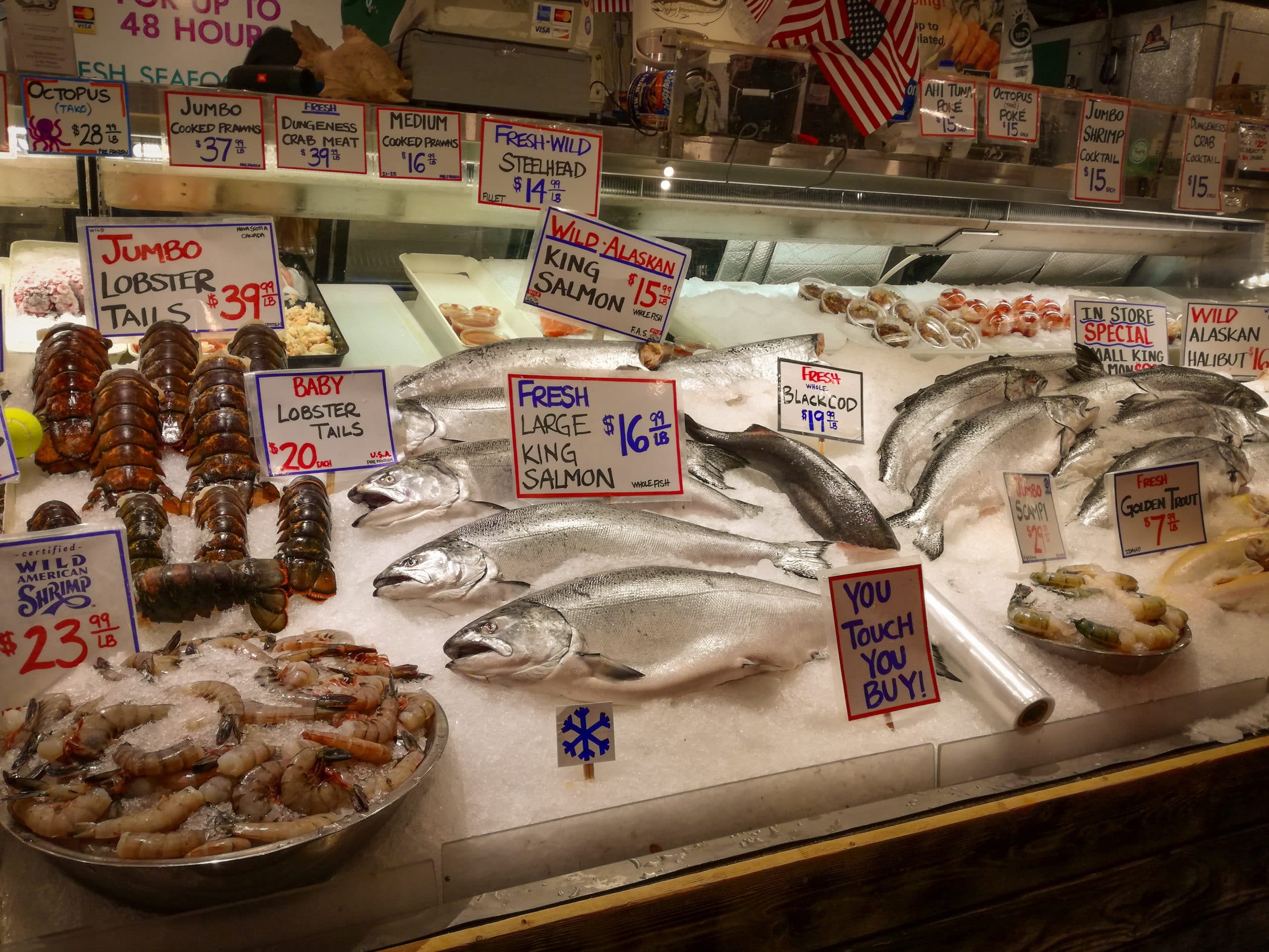 Seafood stall at Pike Place Market in Seattle