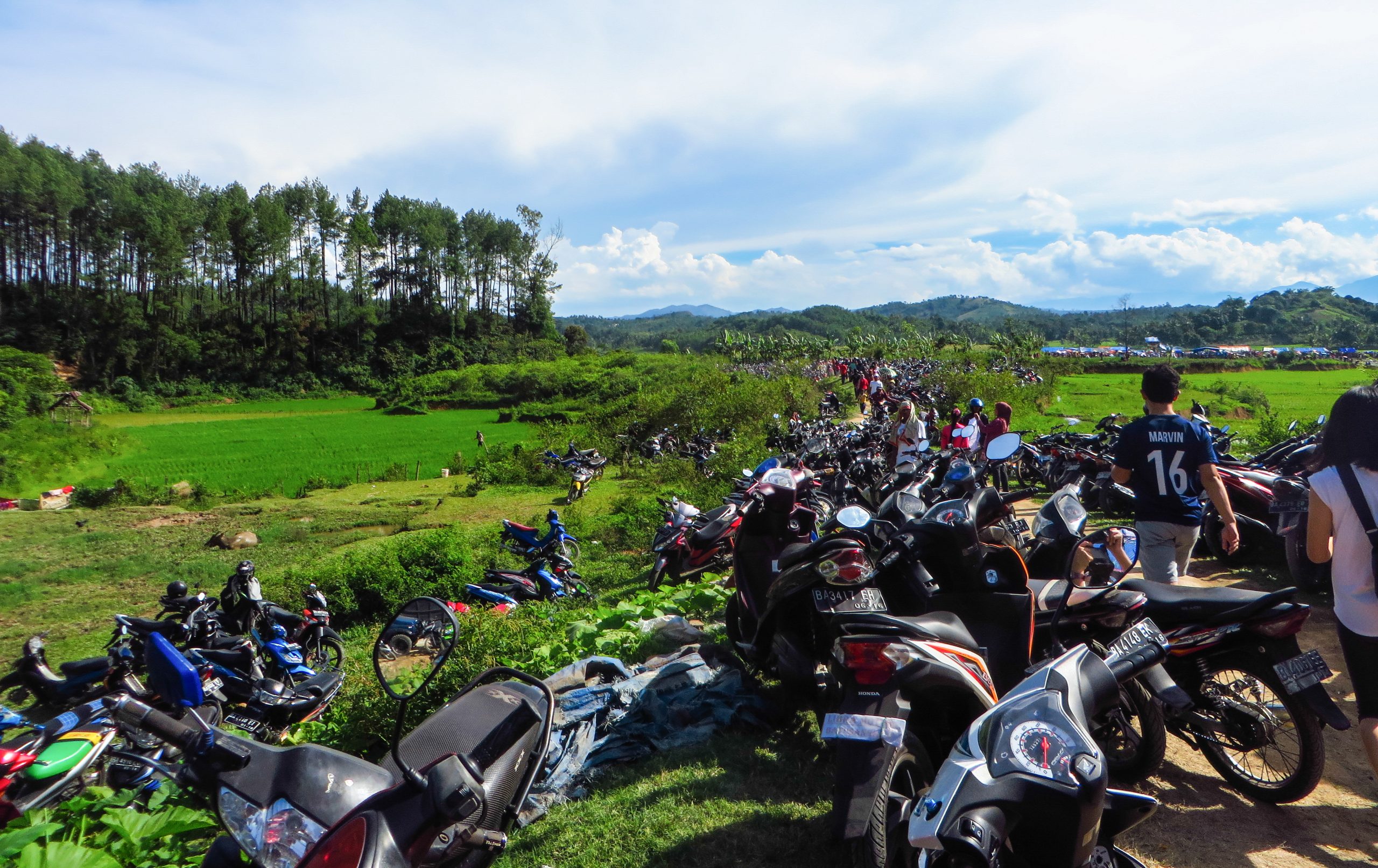Swarm of motorcycles parked along the path to the Pacu Jawi festival