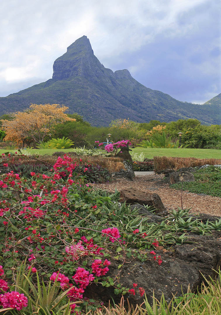View of Rempart Mountain from Tamarina Golf Club in Mauritius