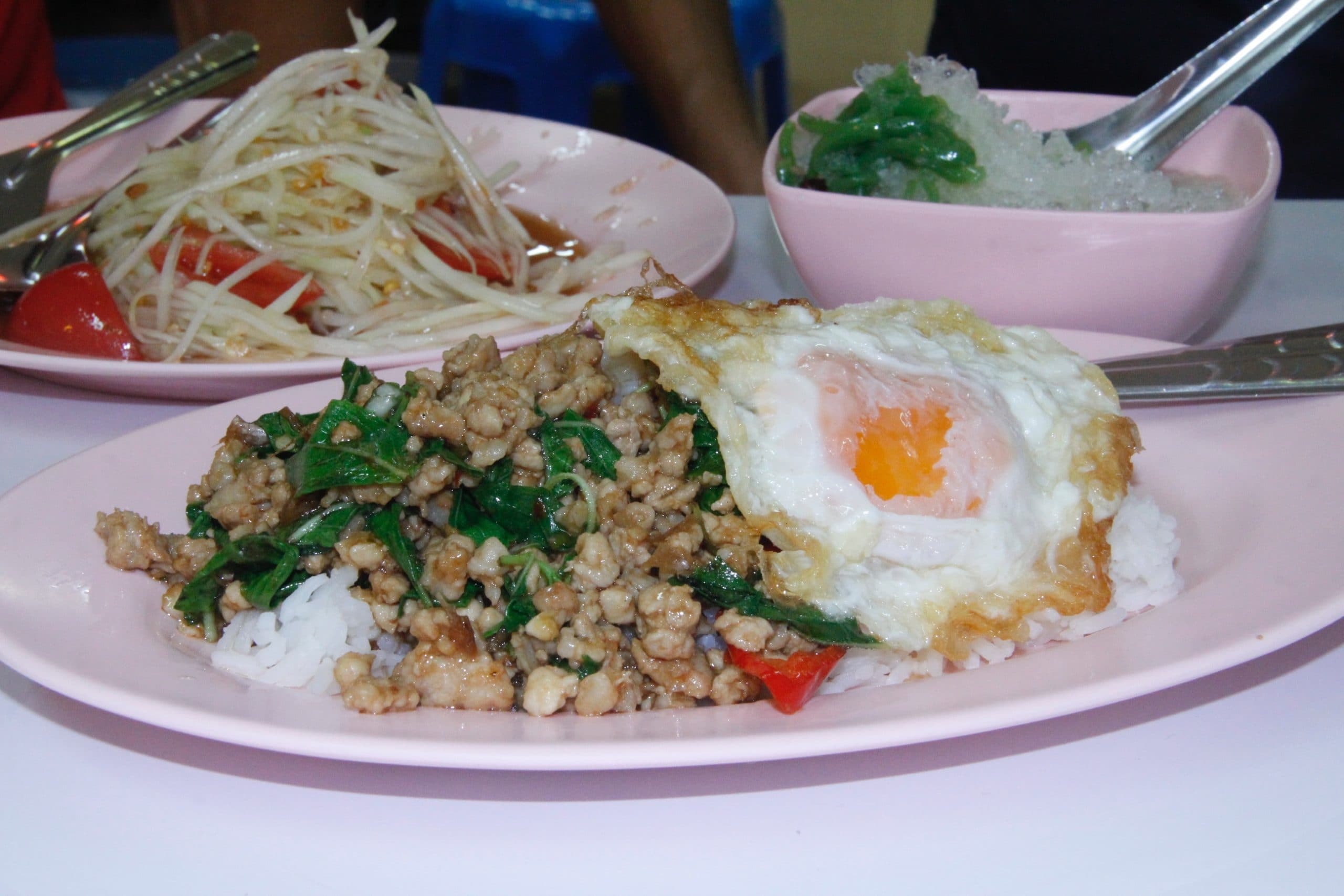 Basil pork rice dish in Bangkok