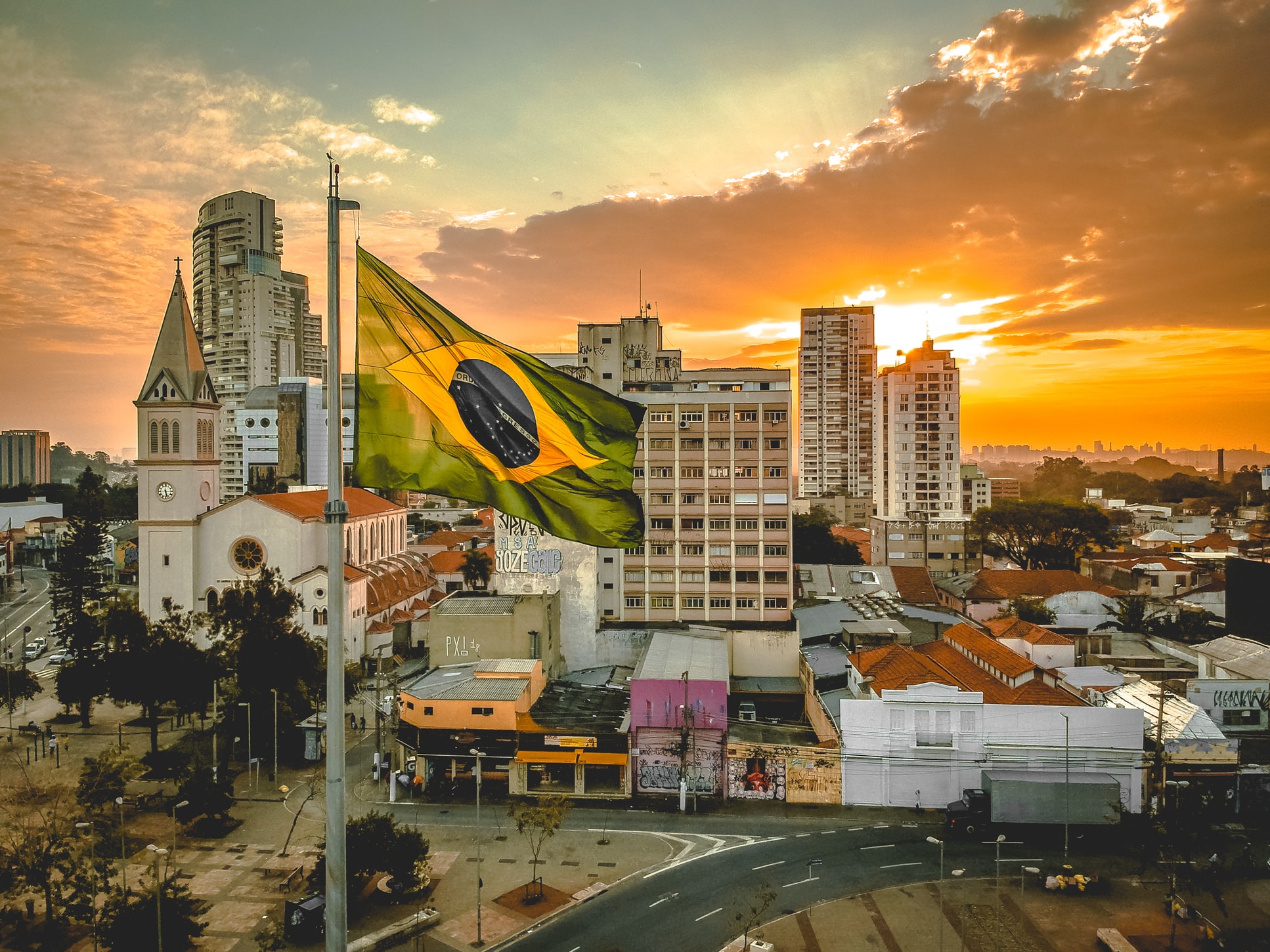 brazil flag at sunset