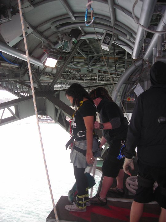 Rebecca about to bungee of the Auckland Bridge