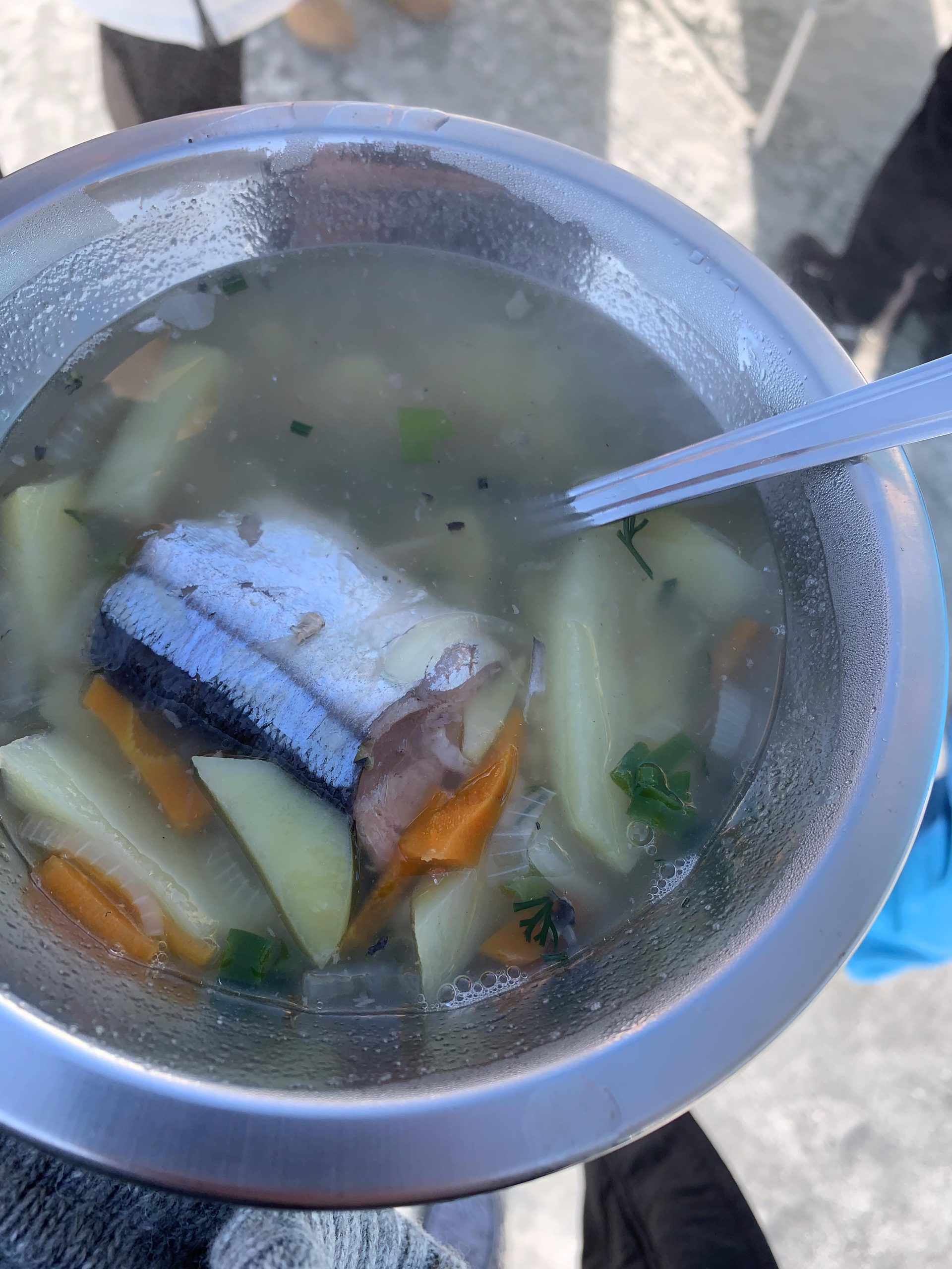 Fish and vegetable broth beside the campfire