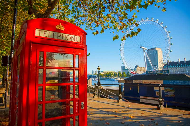 Red telephone booth and London Eye
