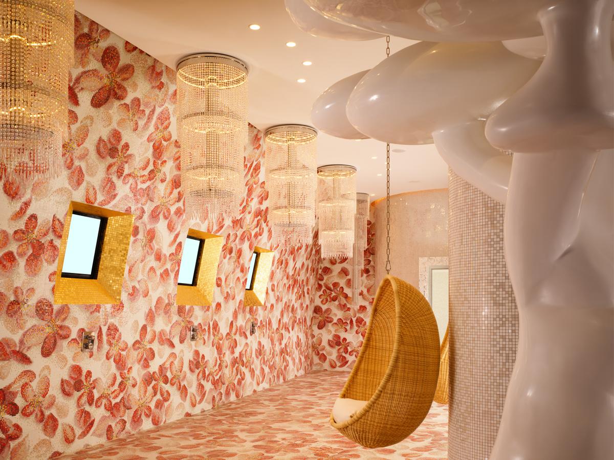 room with floral wallpaper chandeliers windows
