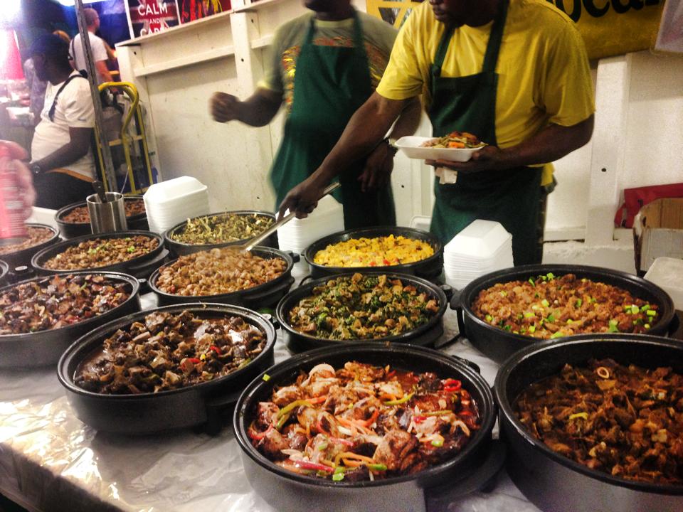 Old Spitalfields Market stall serving Jamaican food in London