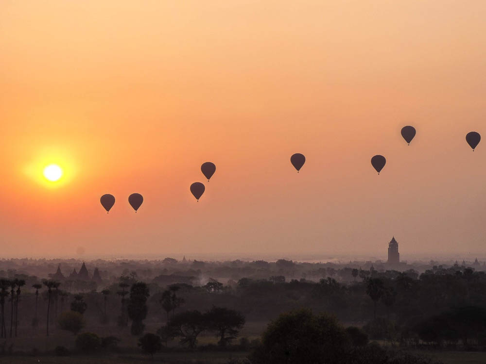 Hot air balloons in the skies of Bagan, Myanmar
