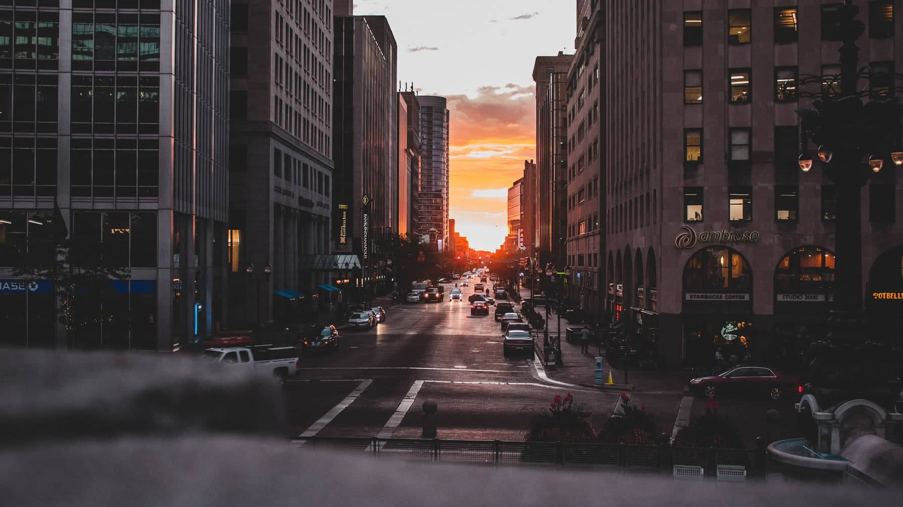 street buildings at sunset