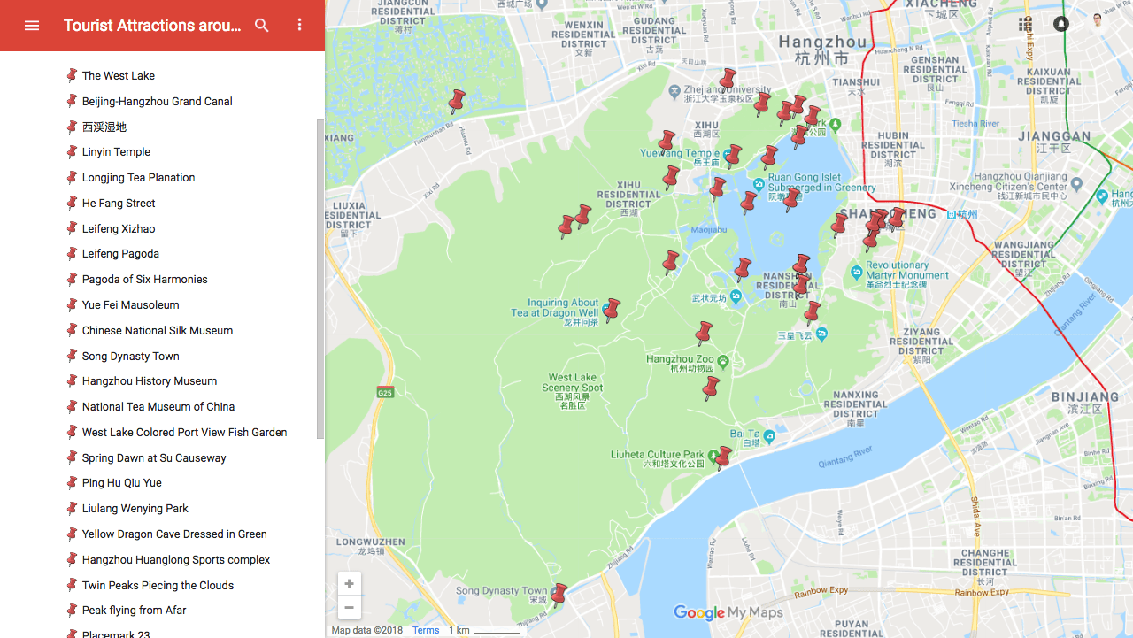 Map of popular tourist spots around West Lake in Hangzhou
