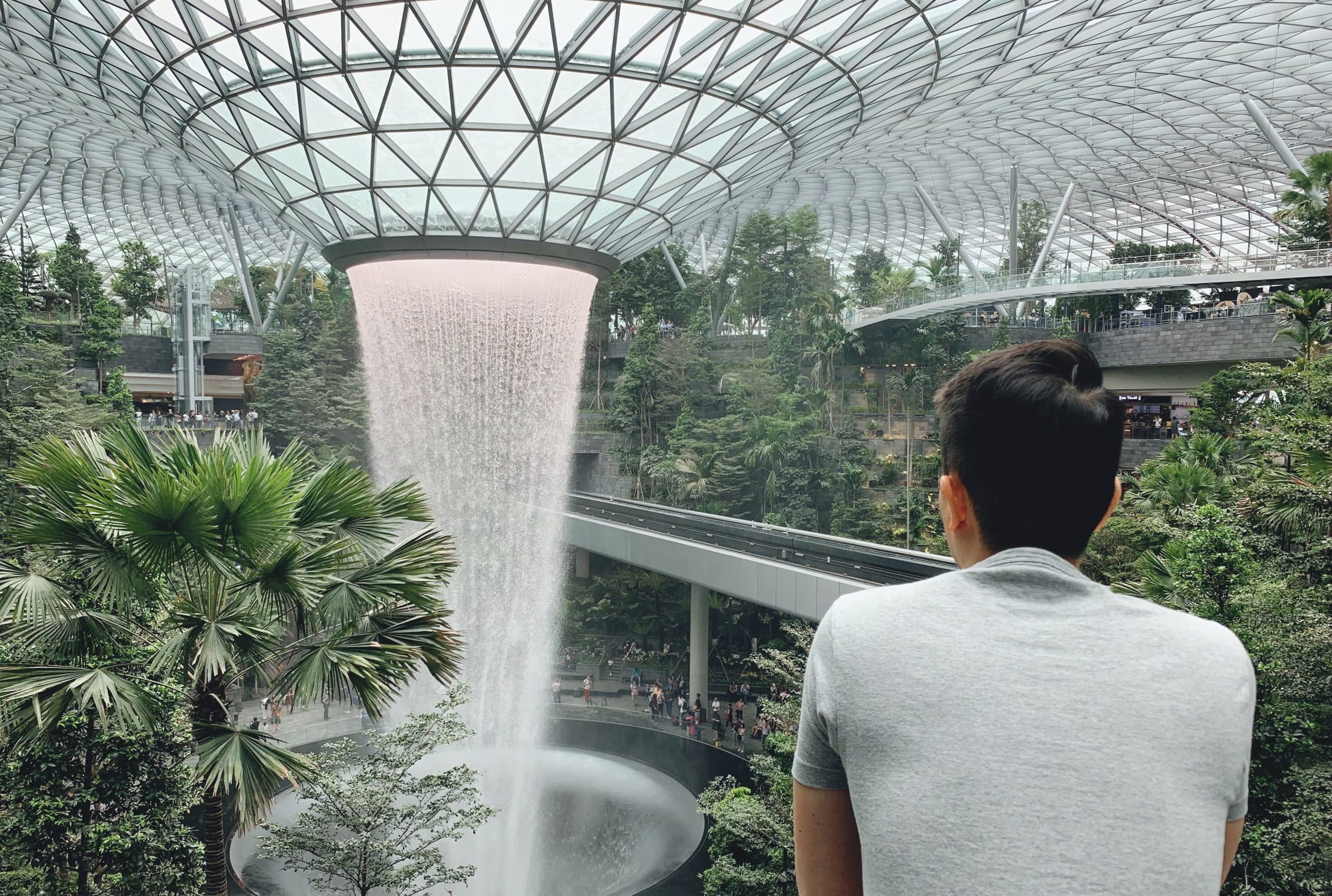 Looking at Jewel Changi waterfall