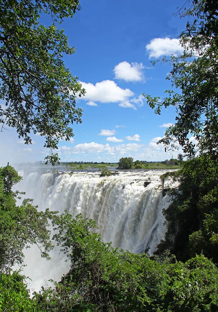 The Zambezi River in flood crashing over Victoria Falls