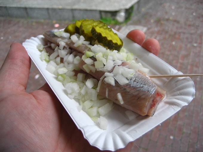 pickled herring with raw onions and pickles amsterdam